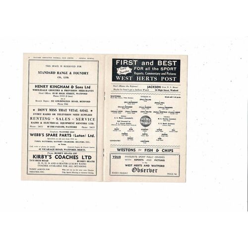 1958/59 Watford v Coventry City Football Programme