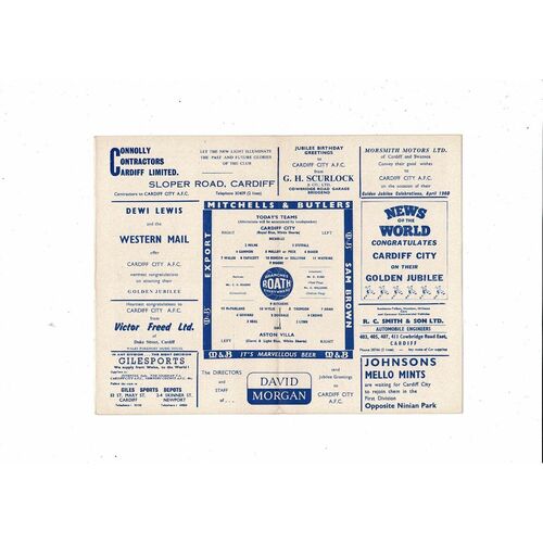 1959/60 Cardiff City v Aston Villa Football Programme