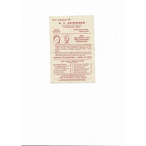 1956/57 Bexleyheath & Welling v Snowdown Kent League Football Programme