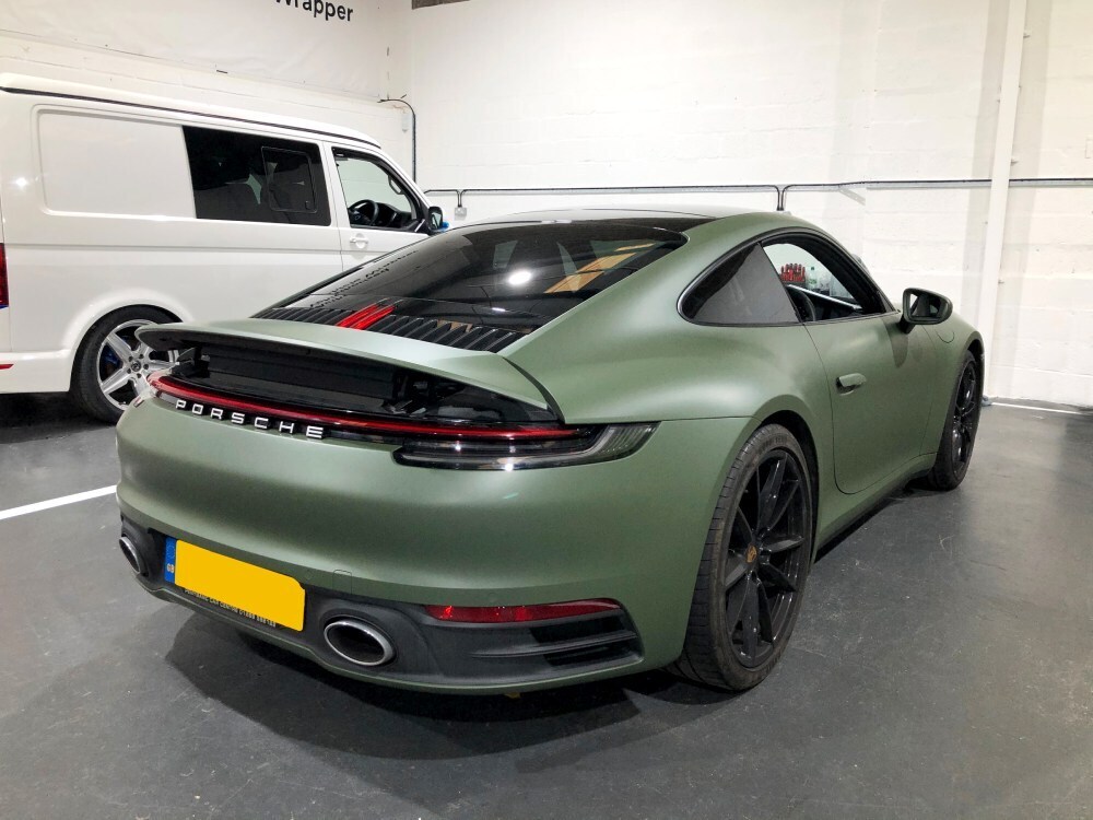 Porsche 911 with matte khaki green motorsport wrap