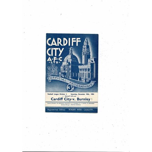 1954/55 Cardiff City v Burnley Football Programme
