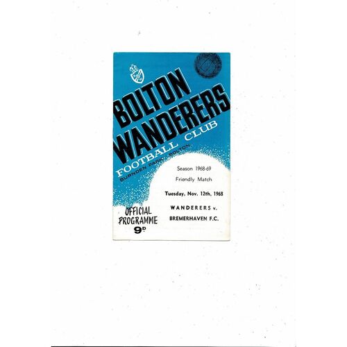 Bolton v Bremerhaven Friendly Football Programme 1968/69