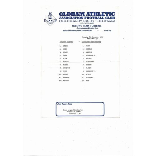 Oldham Athletic v Manchester City Central League Football Programme 1983/84