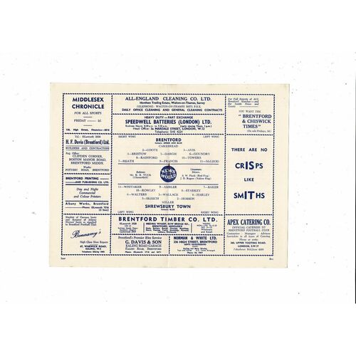 1960/61 Brentford v Shrewsbury Town Football Programme.