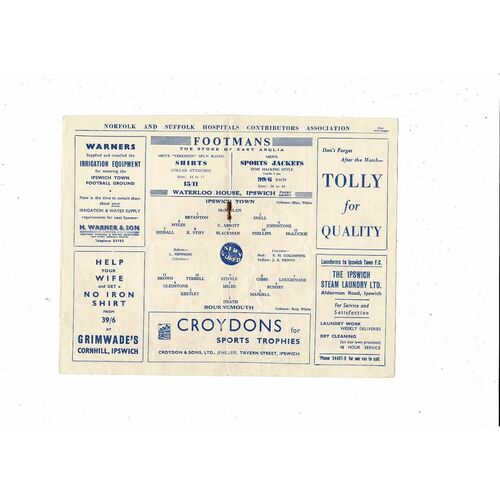 Ipswich Town v Bournemouth Football Combination Football Programme 1957/58