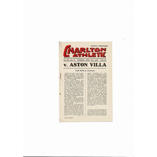 1948/49 Charlton Athletic v Aston Villa Football Programme