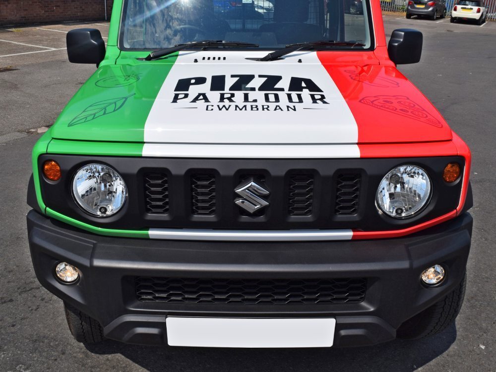 Italian flag vehicle wrap and Pizza Parlour company branded vinyl graphics on bonnet of Suzuki Jimny.