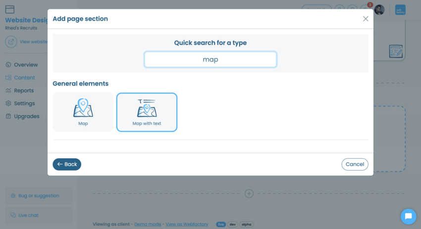 Screenshot of Webfactory's element selector showing the 'Map with Text' element