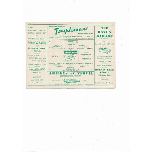 1955/56 Yeovil Town v Bath City Southern League Football Programme