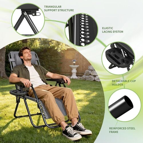 mcc direct Zero Gravity Reclining Chair Set of 1 – Folding Outdoor & Garden Chairs with Textilene Fabric, Cup Holder and Headrest Pillow – TEXTILENE