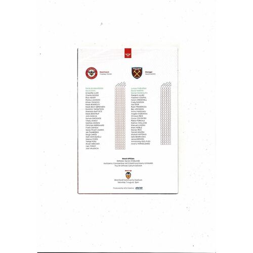 Brentford v West Ham United Friendly Football Programme 2021/22