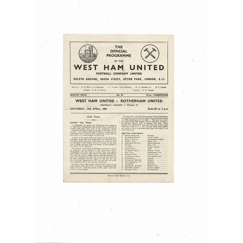 1954/55 West Ham United v Rotherham United Football Programme