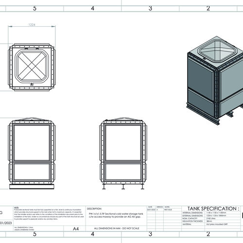 PW.1X1X1.5.TIF.AG - 2182 LITRE SECTIONAL WATER TANK, TOTALLY INTERNALLY FLANGED (TIF)
