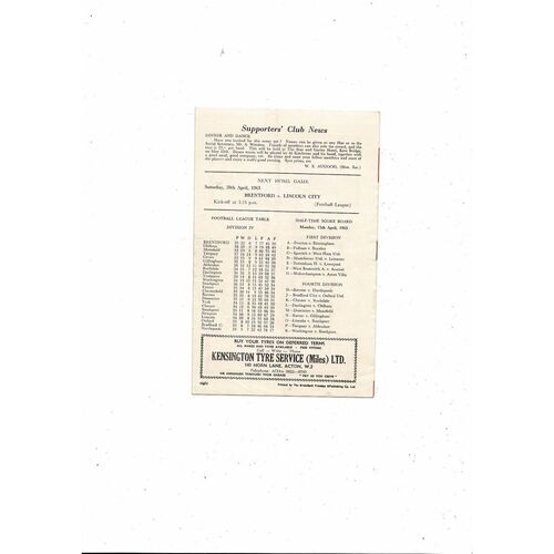 1962/63 Brentford v York City Football Programme