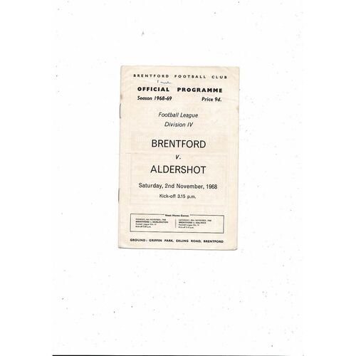 1968/69 Brentford v Aldershot Football Programme