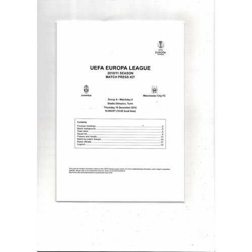 Juventus v Manchester City Europa League Match Press Pack 2010/11