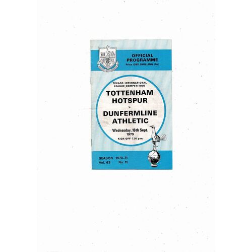 Tottenham Hotspur v Dunfermline Texaco Cup Football Programme 1970/71