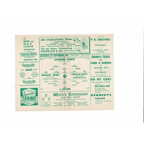 1961/62 Ashford Town v Dover Southern League Football Programme