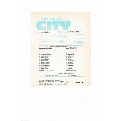 Manchester City v Leeds United Central League Football Programme 1975/76