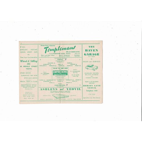 1956/57 Yeovil Town v Chelmsford Southern League Football Programme