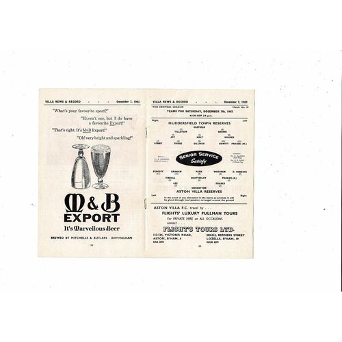 Aston Villa v Huddersfield Town Central League Football Programme 1963/64