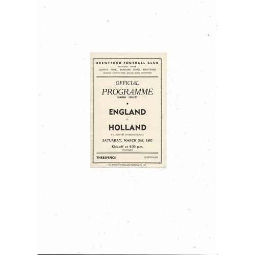1957 England v Holland FA Youth International Football Programme @ Brentford