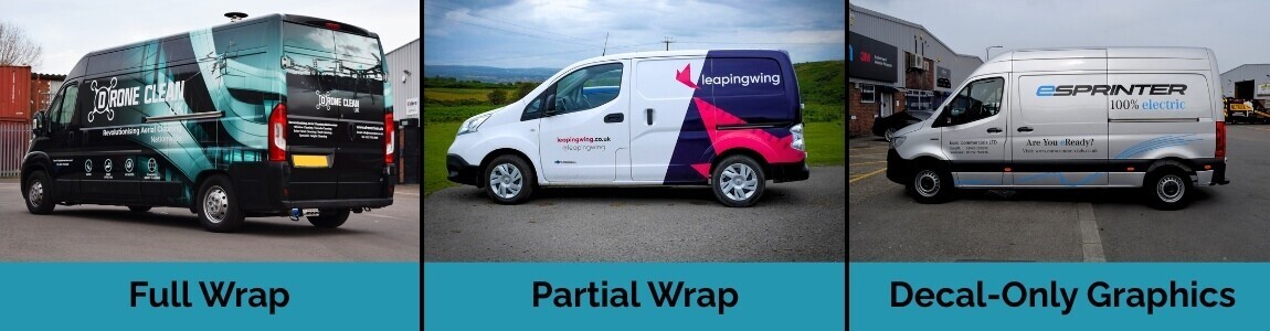 Comparison of full, half, and decal-only van wrap designs.