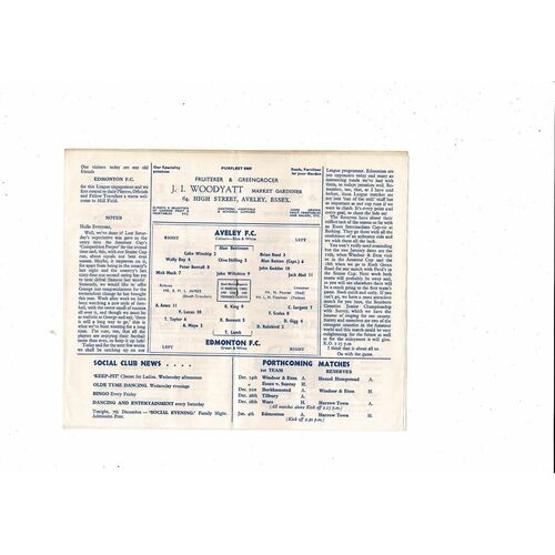 1963/64 Aveley v Edmonton Athenian League Football Programme