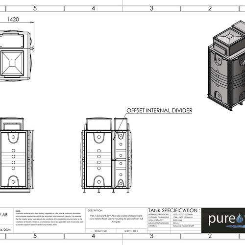 PW.1.5X1X2.IFB.DIV.AB(1+0.5) - 3000 LITRE SECTIONAL WATER TANK, INTERNALLY FLANGED BASE (IFB) C/W FVH