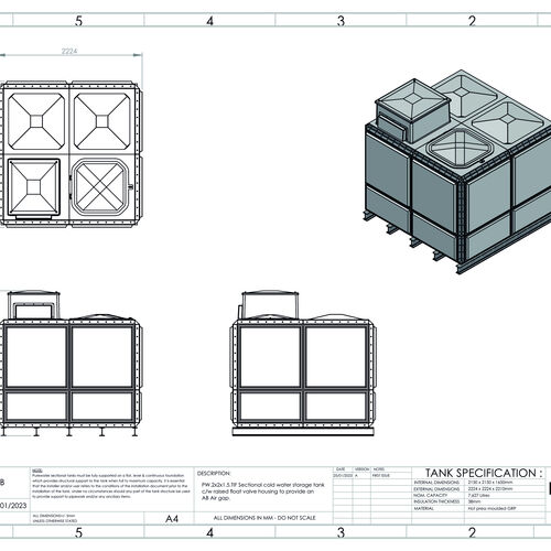 PW.2X2X1.5.TIF.AB - 7627 LITRE SECTIONAL WATER TANK, TOTALLY INTERNALLY FLANGED (TIF) C/W FVH