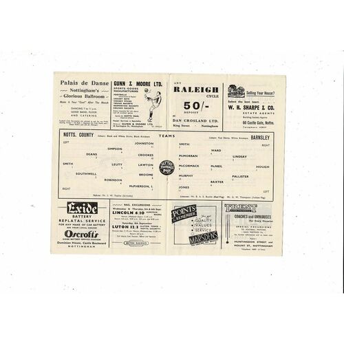 1951/52 Notts County v Barnsley Football Programme