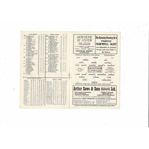 1954/55 Barnsley v Rochdale Football Programme