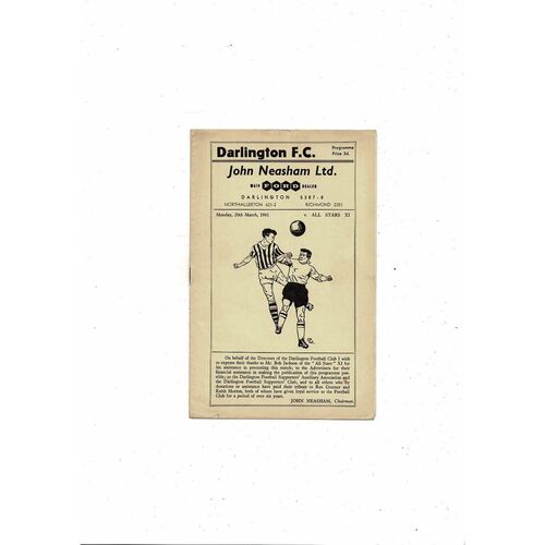 Darlington v All Stars Friendly Football Programme 1960/61