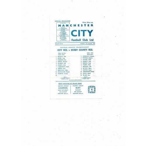 Manchester City v Derby County Central League Football Programme 1972/73