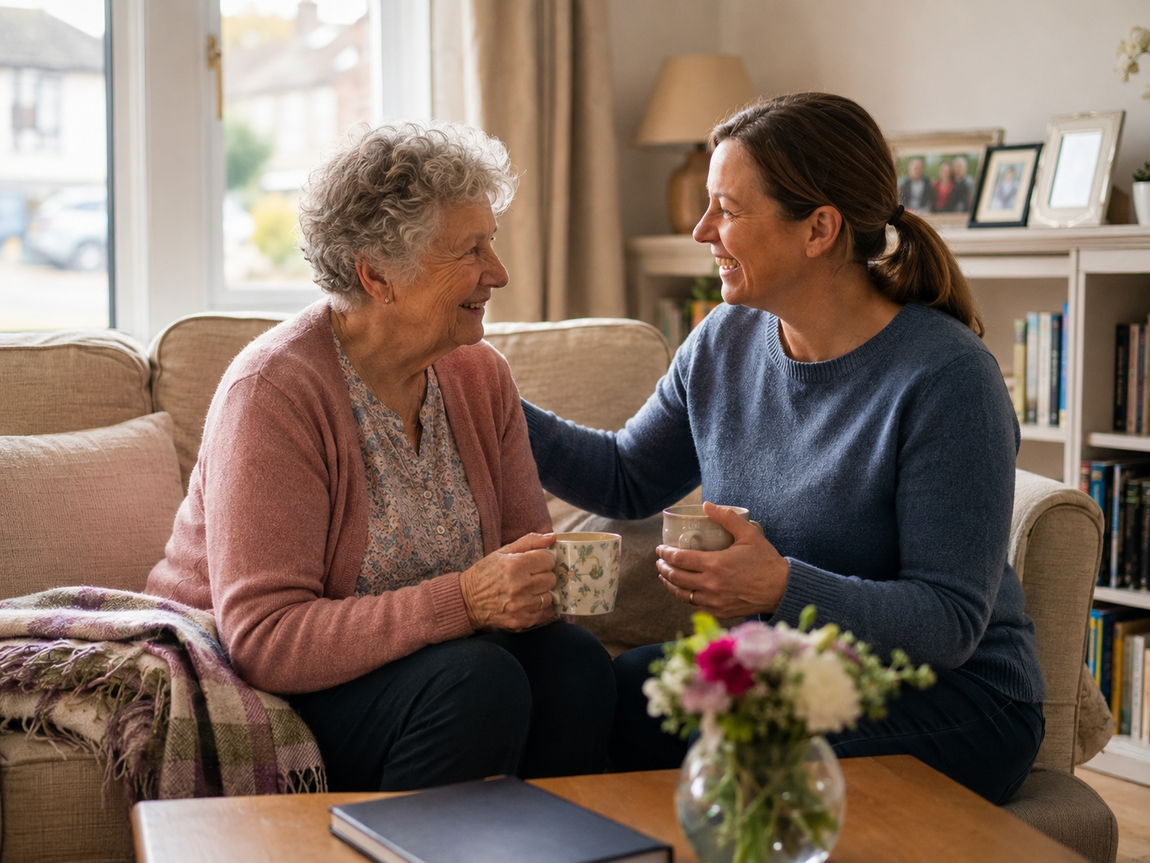 A home helper and older woman smiling together on a sofa with cups of tea, showing companionship and emotional support at home.