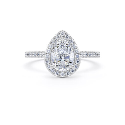 Pear shape halo with diamond set shoulders and hidden diamond detail
