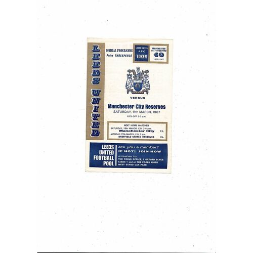 Leeds United v Manchester City Central League Football Programme 1966/67