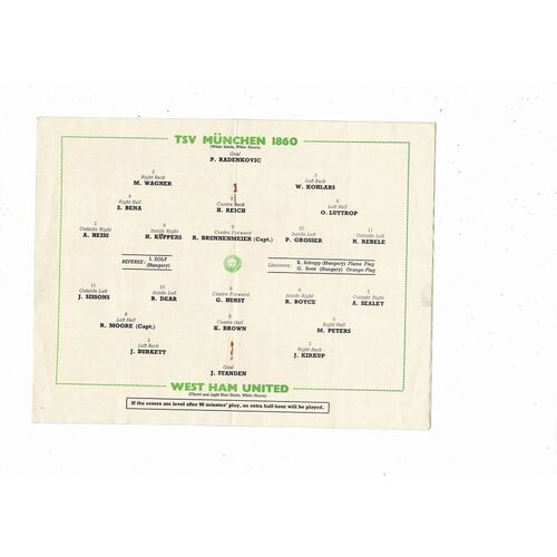 1965 TSV Munchen 1860 v West Ham United European Cup Winners Cup Final Football Programme