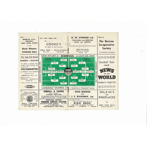 1958/59 Barrow v Wolves FA Cup Football Programme