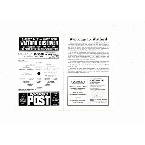 Watford v England Amateur X1 Friendly Football Programme 1965