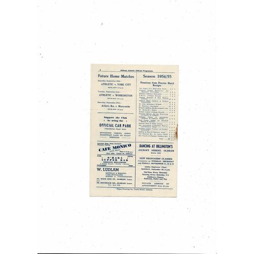 1954/55 Oldham Athletic v Accrington Stanley Football Programme