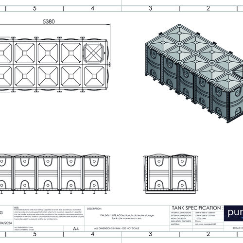 PW.5X2X1.5.IFB.AG - 15000  LITRE SECTIONAL WATER TANK, INTERNALLY FLANGED BASE (IFB)