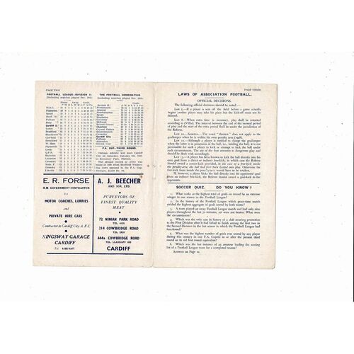 1948/49 Cardiff City v Brentford Football Programme