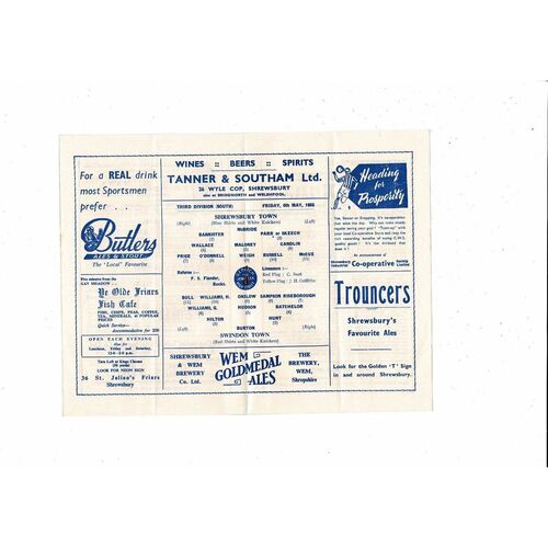 1954/55 Shrewsbury Town v Swindon Town Football Programme