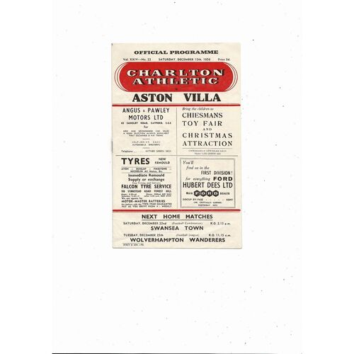 1956/57 Charlton Athletic v Aston Villa Football Programme