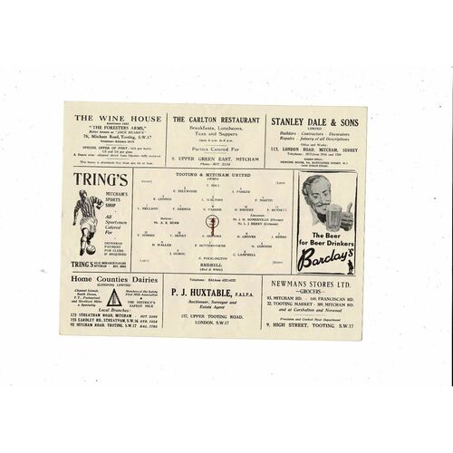 Tooting & Mitcham United v Redhill Friendly Football Programme 1950/51