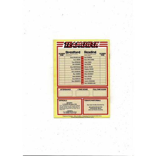 1981/82 Brentford v Reading Football Programme