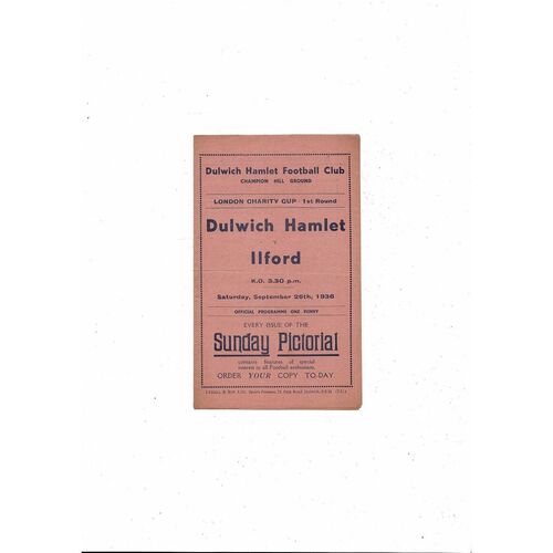 1936/37 Dulwich Hamlet v Ilford London Charity Cup Football Programme