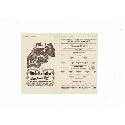 1946/47 Aston Villa v Portsmouth Football Programme