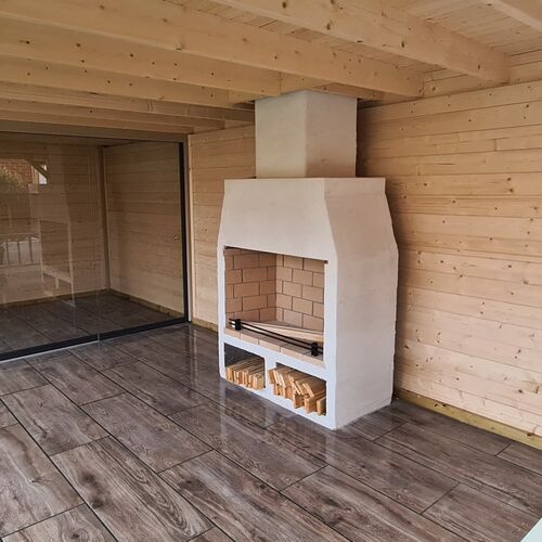 Open Stone Fire in a bespoke gazebo cabin